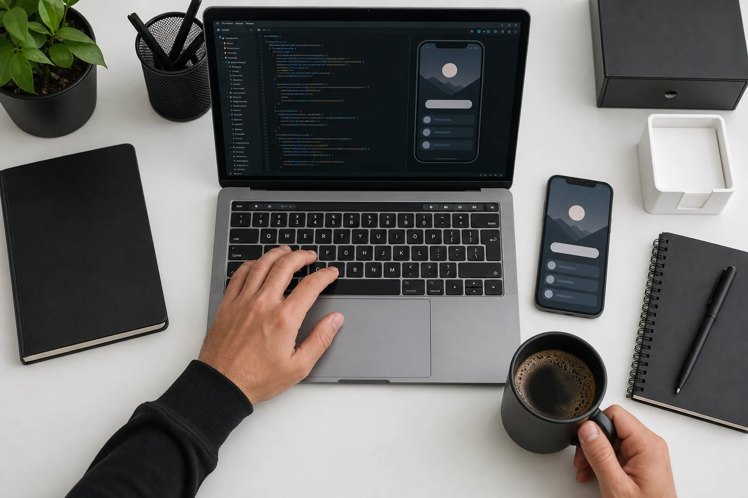 Developer working on cross-platform mobile app code on laptop with phone mockups nearby. photorealistic photo of a developer's desk from above, laptop screen showing code editor with a mobile app interface, a smartphone mockup lying beside