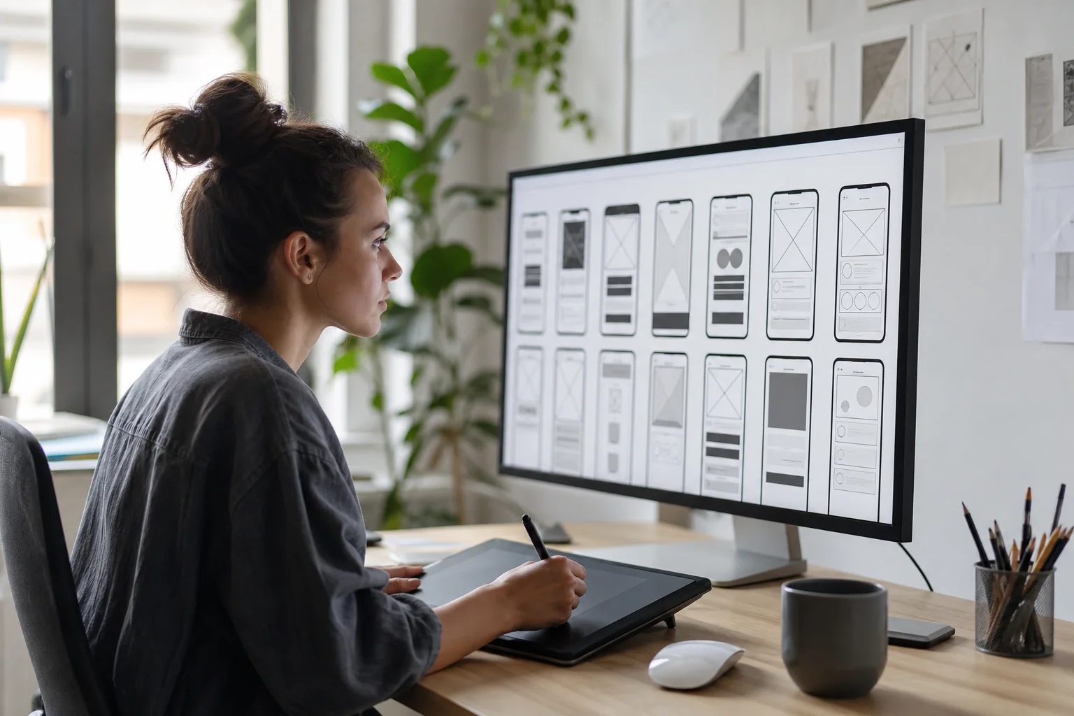 UI/UX designer reviewing wireframes and prototypes on tablet and monitor. photorealistic photo of a UI/UX designer at a desk reviewing app wireframes on a large monitor and a tablet stylus in hand, black and white grid-based interface