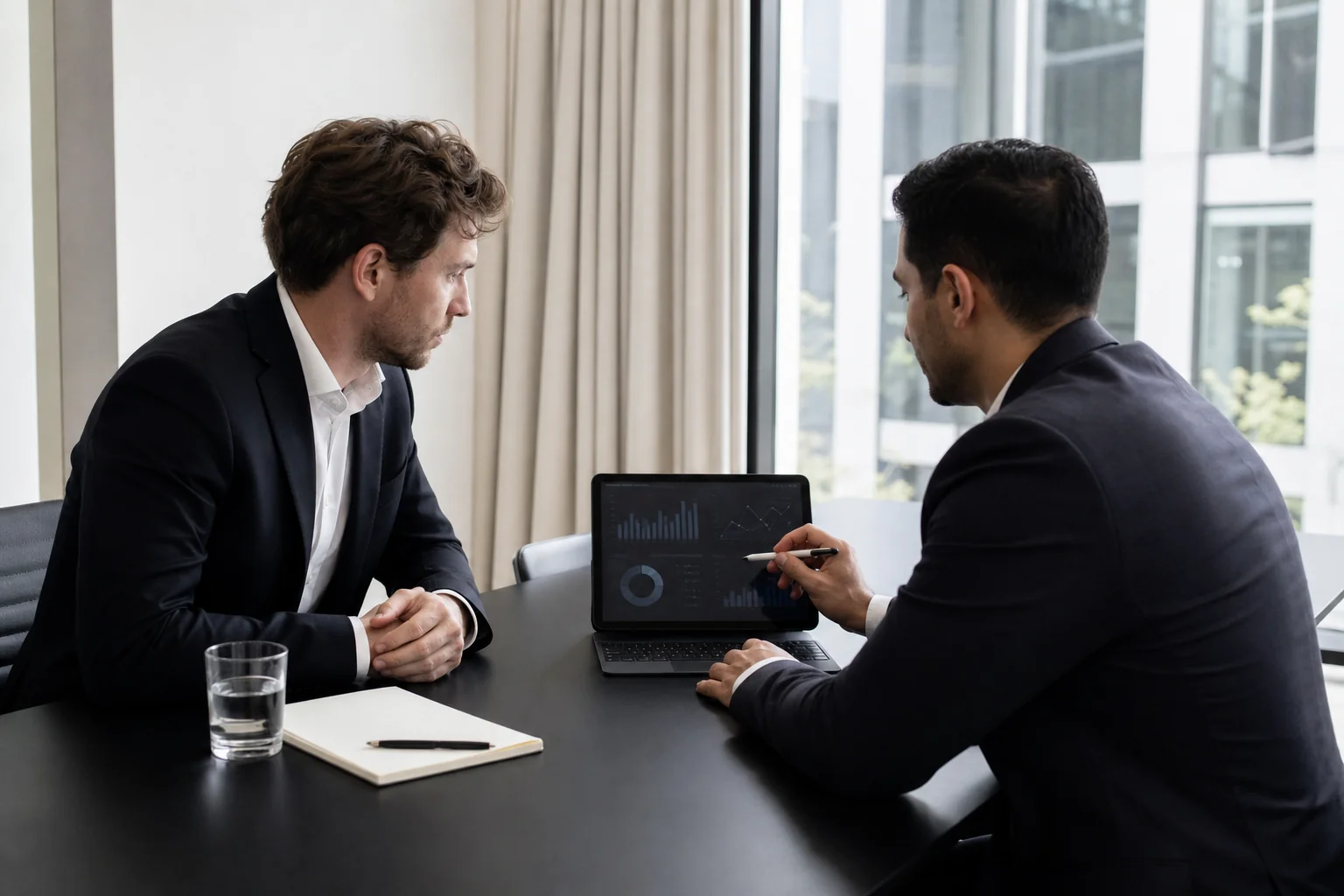 A founder and investor in a serious discussion across a table, reviewing a tablet showing product metrics. Photorealistic photo of a founder and an investor seated at a minimalist black table in a bright meeting room, both looking at a