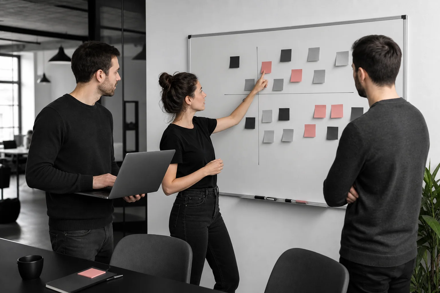 Photorealistic photo of two developers and a designer standing around a whiteboard covered with sticky notes and a simple feature-priority grid, in a modern black-and-white toned startup office. One person points at a note while another