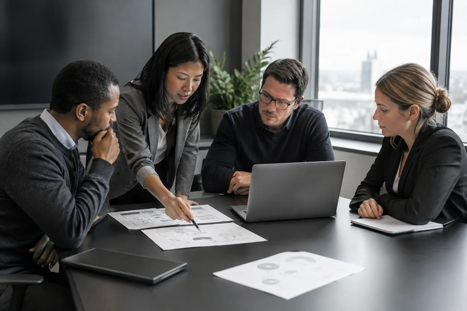 A business team in a meeting discussing software strategy options. Photorealistic: A small team of business professionals around a conference table reviewing printed diagrams and a laptop, discussing a technology decision, modern office