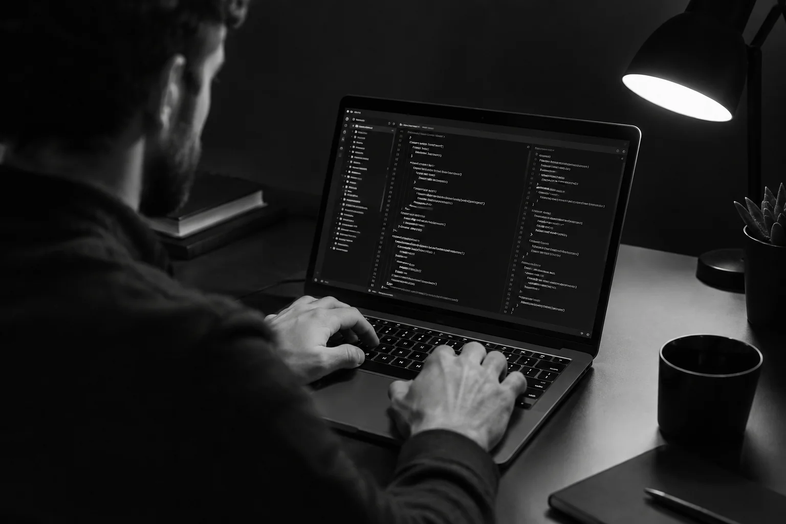 Photorealistic: Close-up over-the-shoulder shot of a software developer typing code on a laptop screen displaying a React component structure, dark minimal workspace lit by a single desk lamp, black and white color grading with crisp