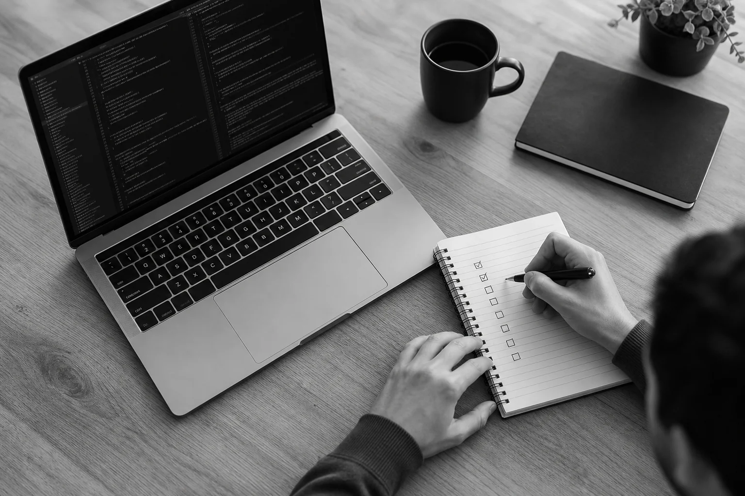 A founder writing a checklist on paper next to a laptop during a vendor evaluation session. photorealistic photo of a person writing a checklist with a pen on a notepad next to an open laptop displaying code, black and white minimalist