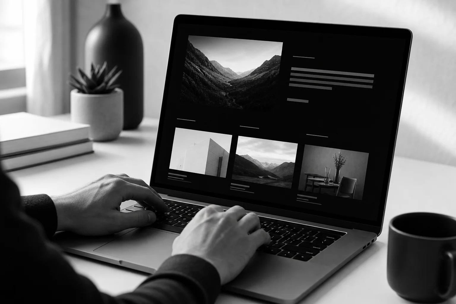 Close-up of hands scrolling through an agency portfolio website on a laptop, comparing project case studies. photorealistic photo of hands typing on a laptop keyboard with a portfolio website of web development case studies visible on