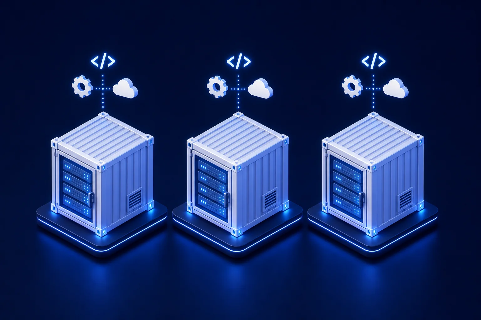 Isometric illustration of three identical server containers representing dev, staging, and production environment parity in DevOps integration