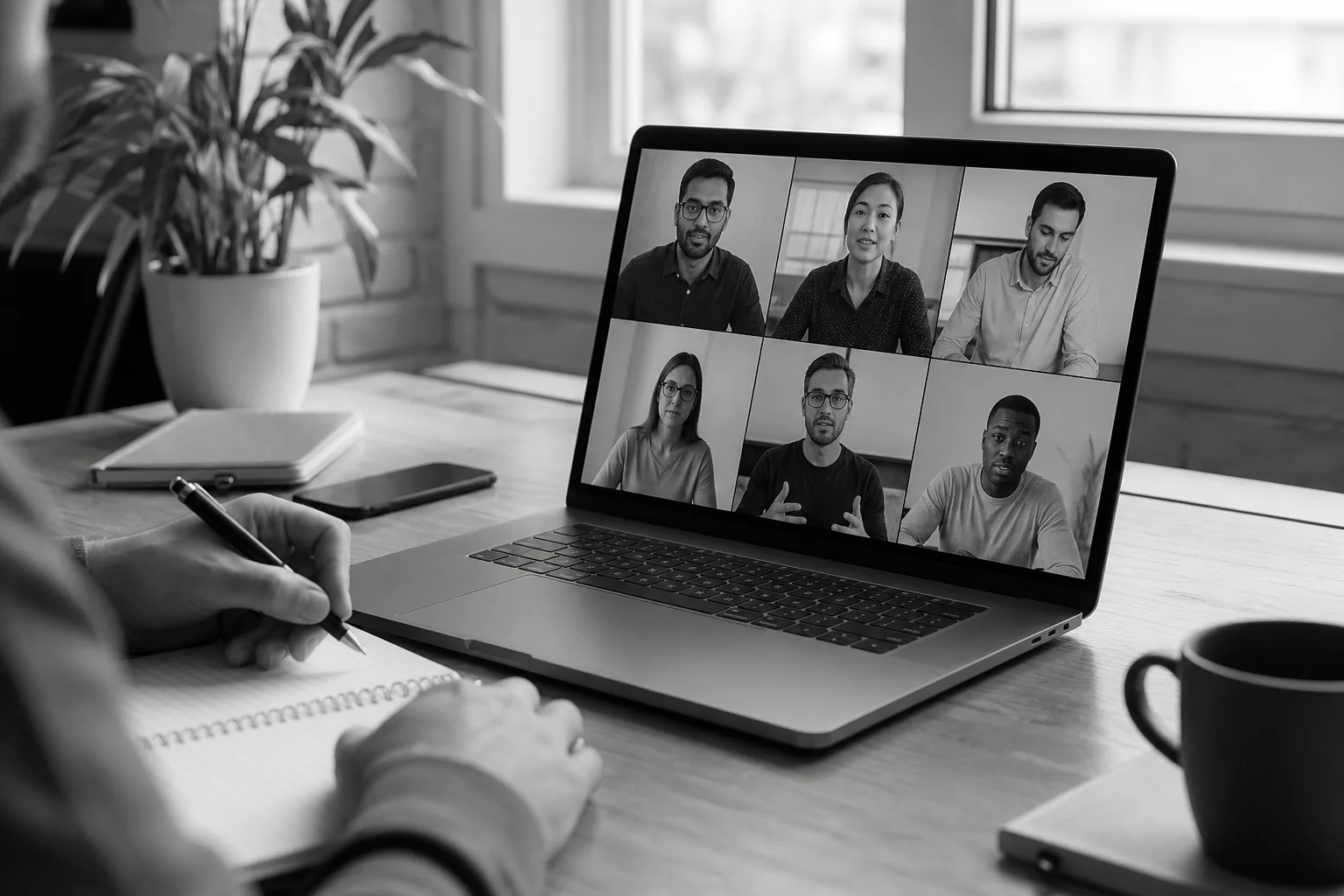 Photorealistic photo of a laptop screen mid video call showing a grid of professional software developers collaborating remotely, founder's hands visible typing notes on a notebook beside the laptop, black and white monochrome tones with
