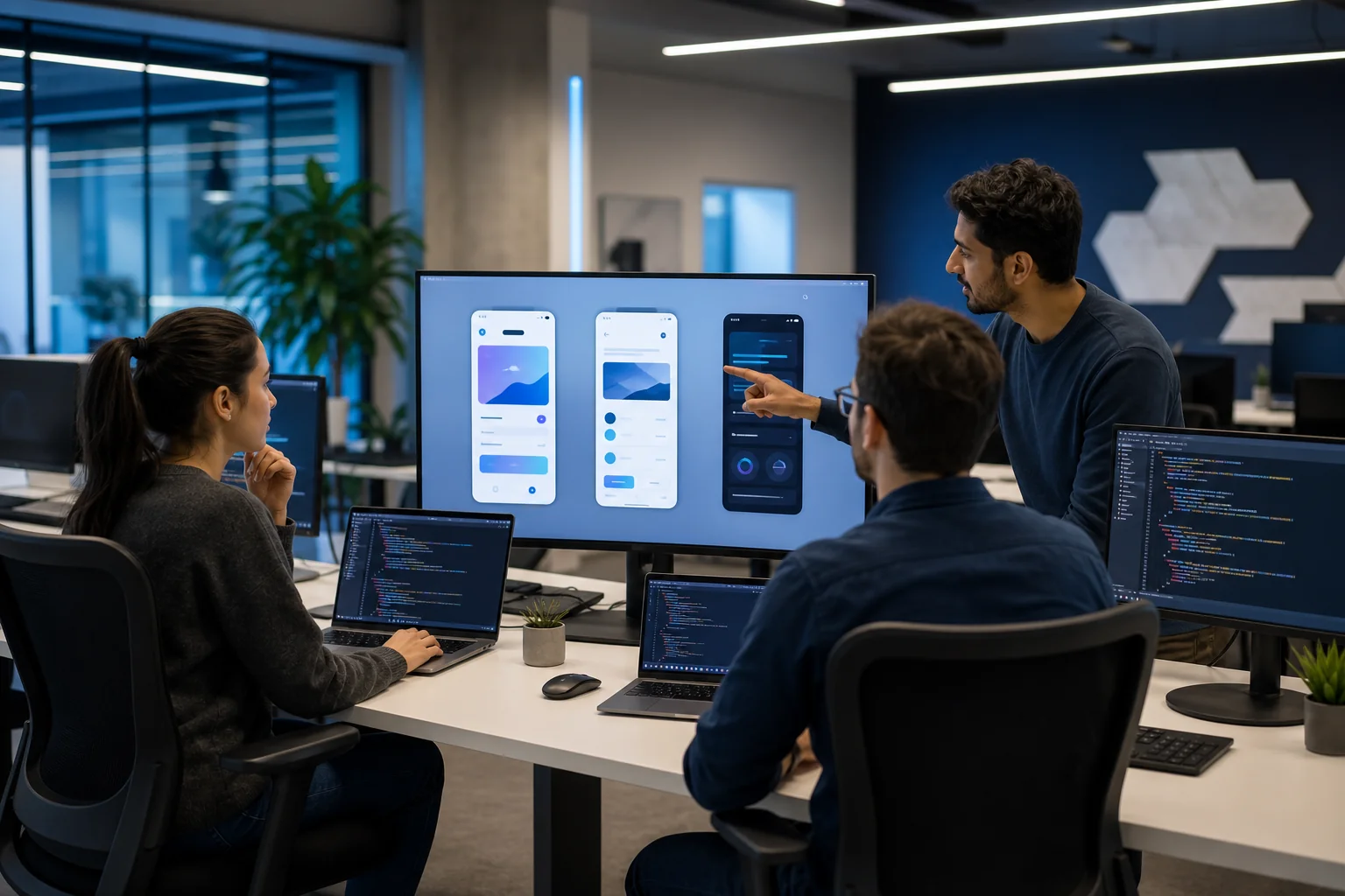 Development team collaborating on a cross-platform React Native mobile app project in a modern studio