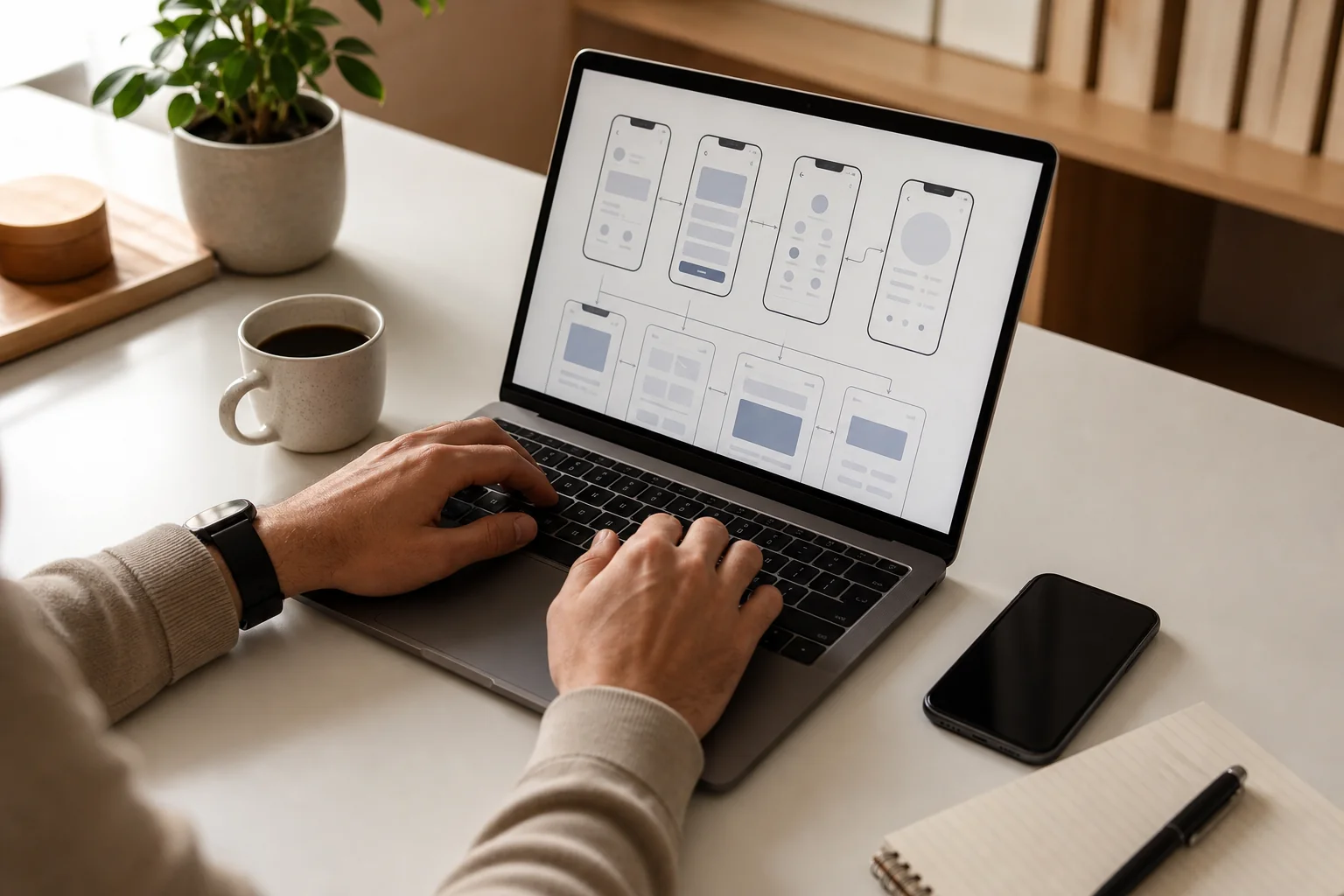 Founder reviewing mobile app strategy on a laptop and smartphone at a professional workspace