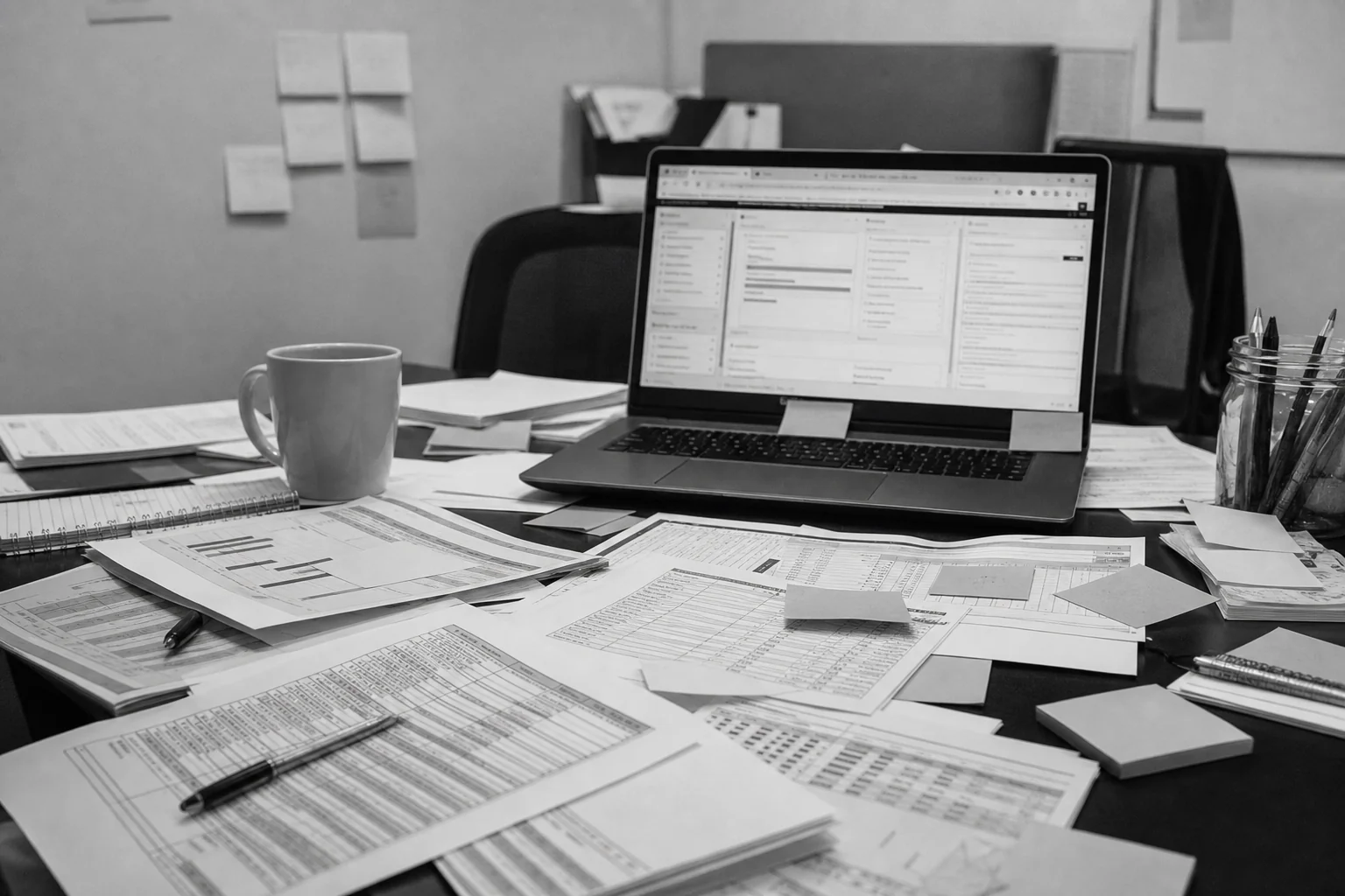 Cluttered desk with multiple disconnected spreadsheets and printed reports representing fragmented nonprofit tools. Photorealistic photo: a cluttered office desk covered with printed spreadsheets, sticky notes, and an open laptop showing