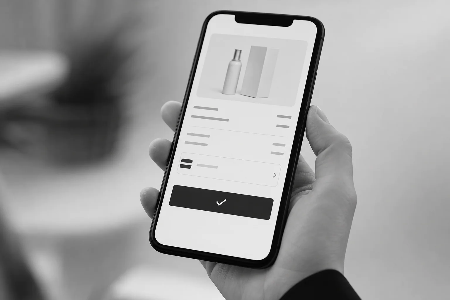Mobile phone showing a clean checkout screen with a payment button, representing iDEAL-style mobile checkout UX. Photorealistic close-up photo of a hand holding a smartphone displaying a minimalist checkout screen with a payment
