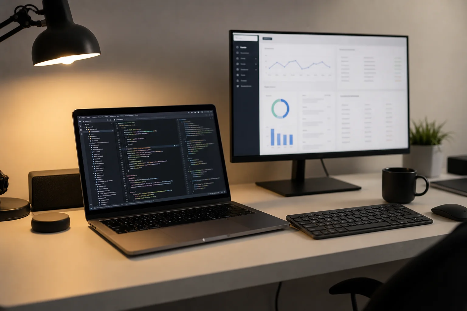 Developer working on payment gateway integration code on a laptop, representing secure checkout development. Photorealistic photo of a developer's desk with a laptop showing code editor windows and a secondary monitor displaying a payment