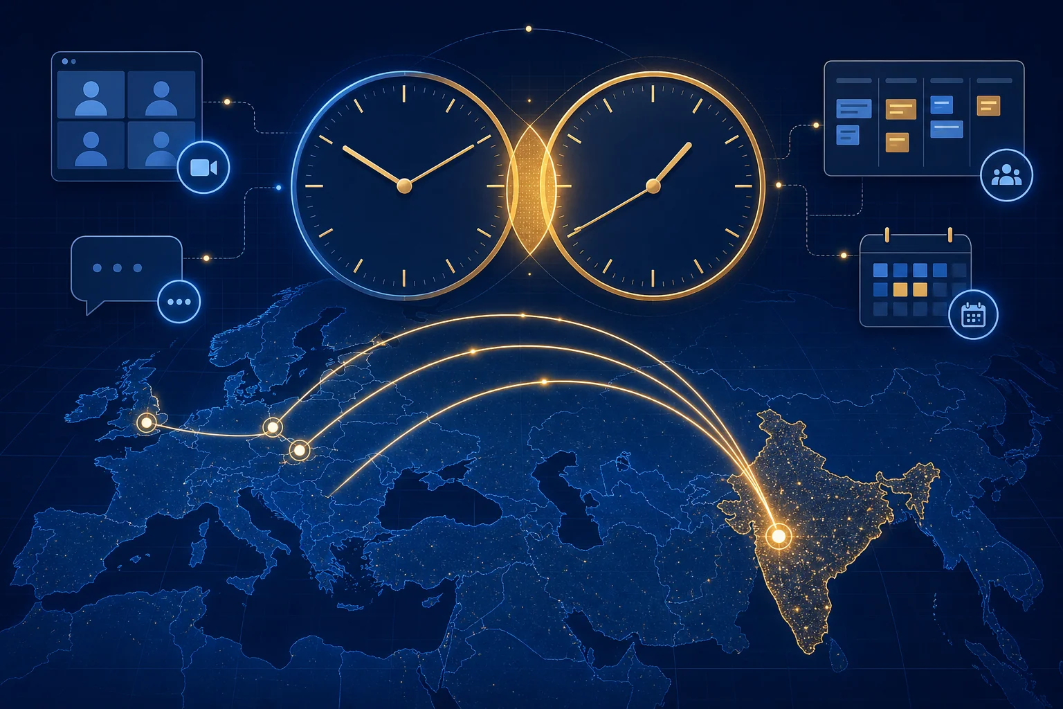 World map showing timezone overlap between European cities and India, with collaboration tools and clock faces illustrating the working hour intersection