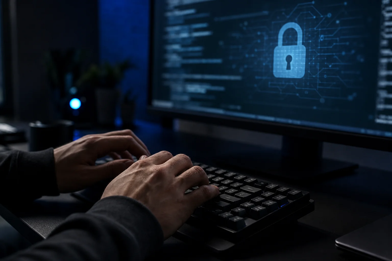 Close-up of a developer's hands typing on a keyboard with a padlock and shield motif subtly visible on a monitor, symbolizing secure payment data handling and compliance. Photorealistic close-up photo of a software developer's hands typing