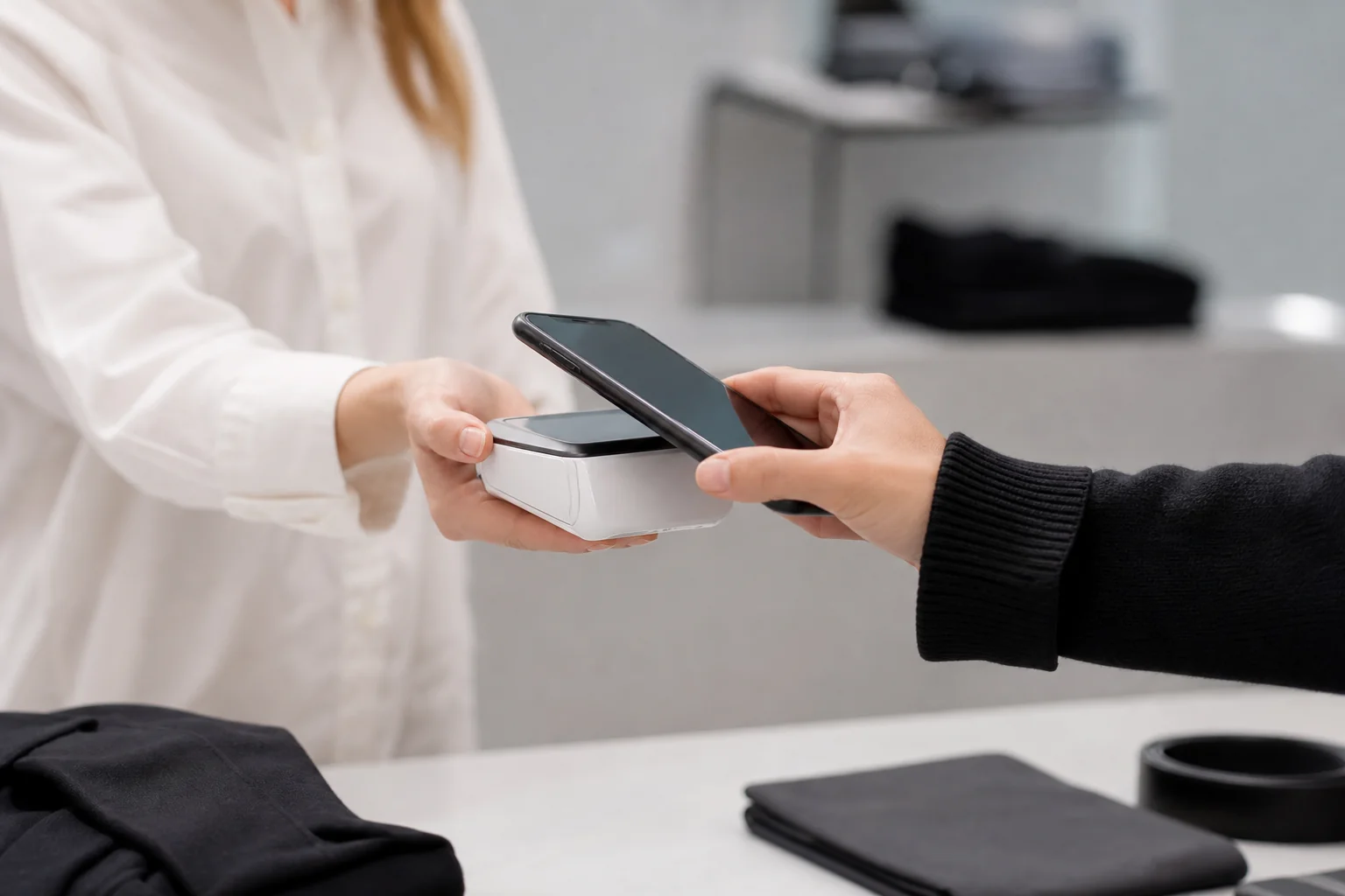 A smartphone held in hand showing a mobile wallet payment tap gesture near a card reader, representing diverse European payment methods. Photorealistic photo of a person's hand holding a smartphone near a small white card payment terminal