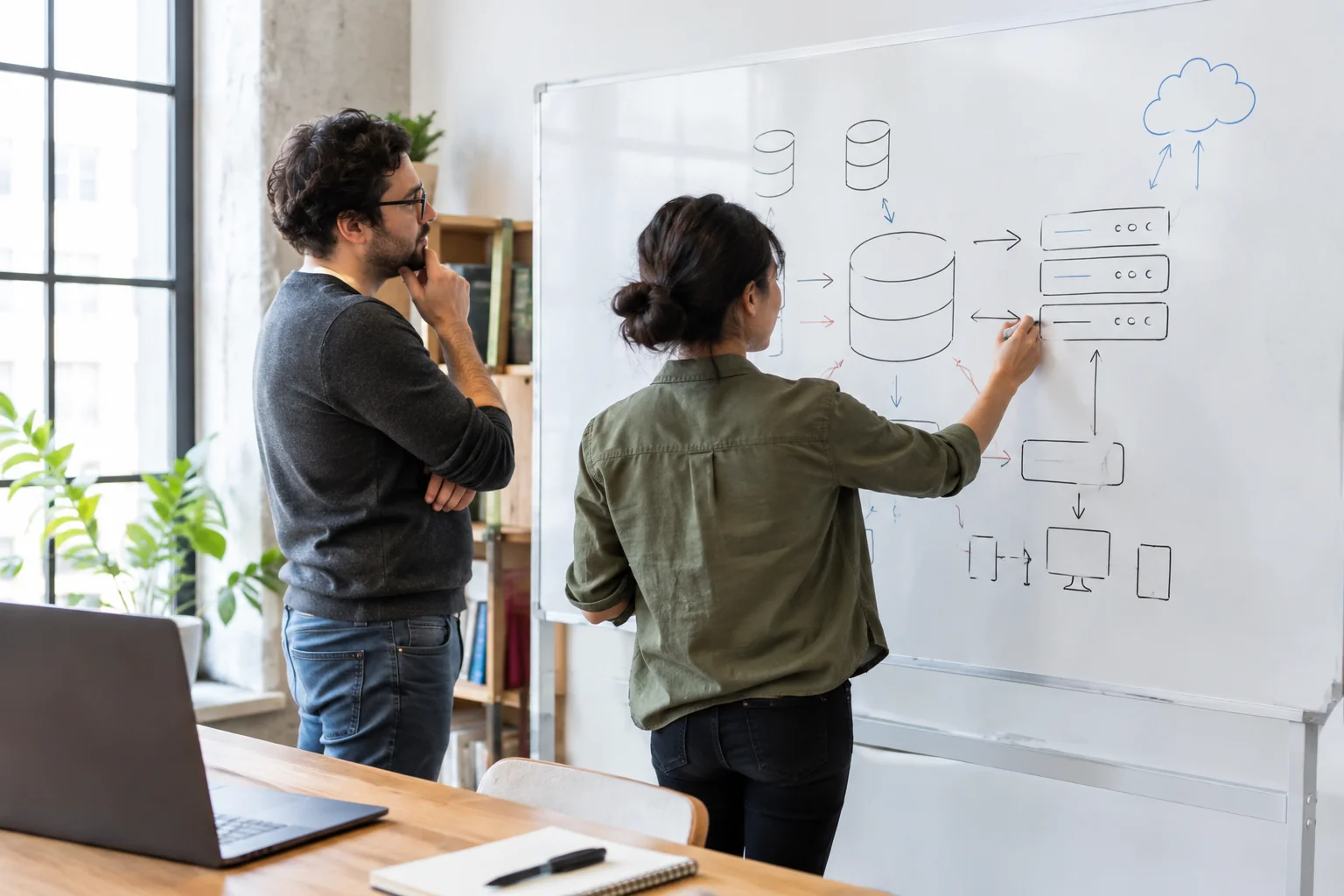 Developers discussing database usage on a whiteboard during a planning session