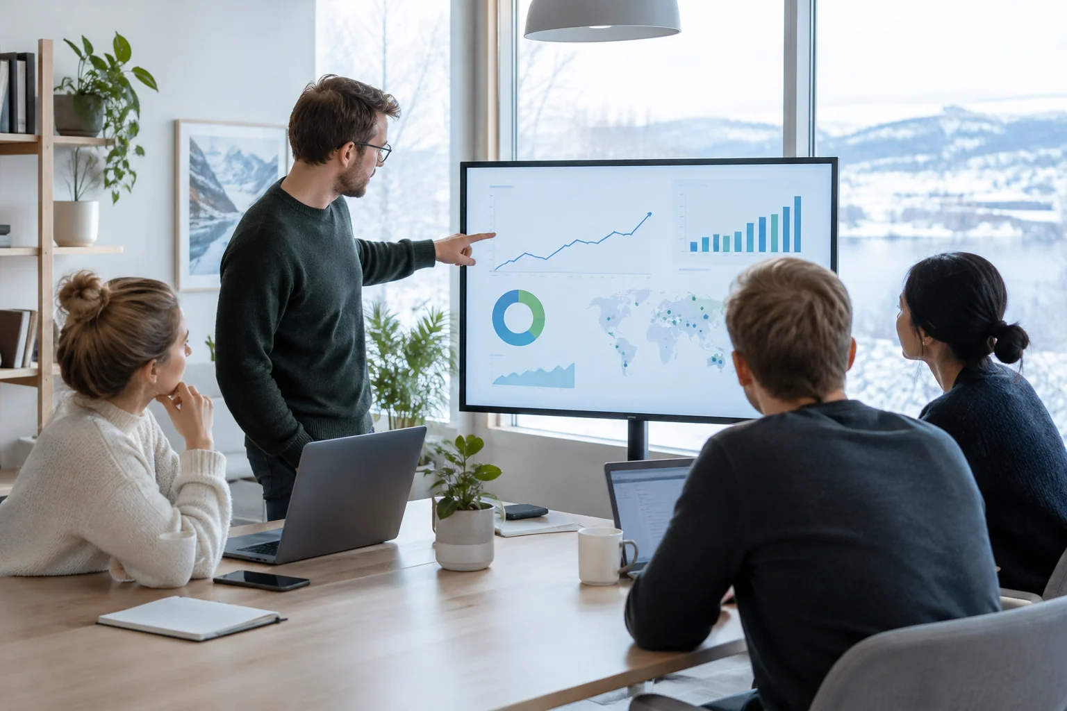 Small team celebrating growth of a SaaS product around a monitor
