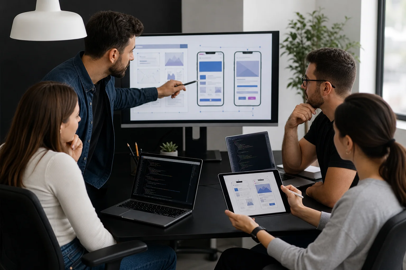 Development team reviewing UI/UX wireframes and code on screens to evaluate web development agency quality