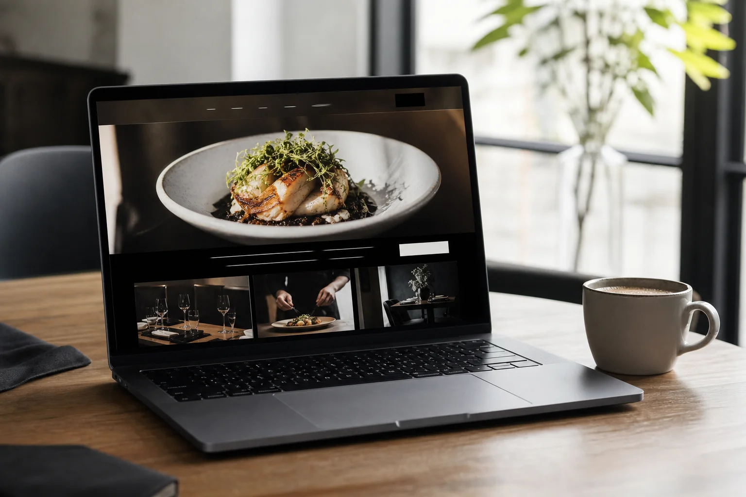A laptop screen showing a clean, conversion-focused restaurant website layout with menu photos and a reservation button. Photorealistic photograph of a laptop on a wooden table displaying a modern restaurant website homepage with