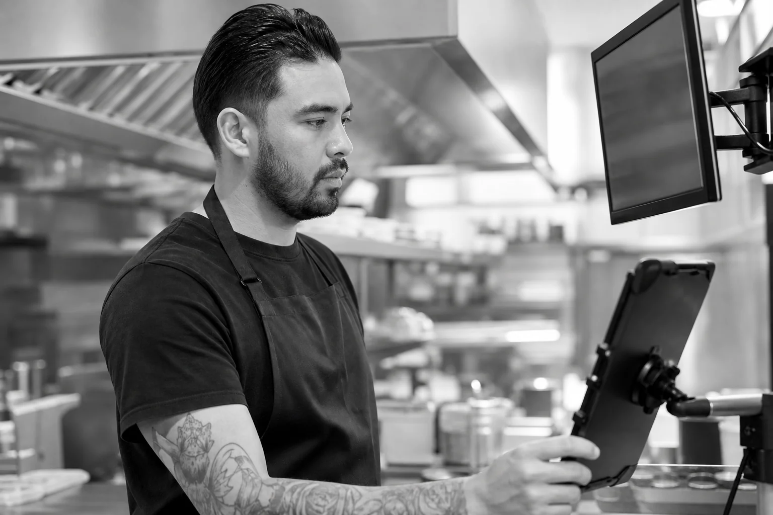Restaurant kitchen staff checking an order on a tablet connected to a kitchen display system. Photorealistic photograph of a restaurant kitchen staff member in a black apron checking incoming orders on a tablet mounted near a kitchen