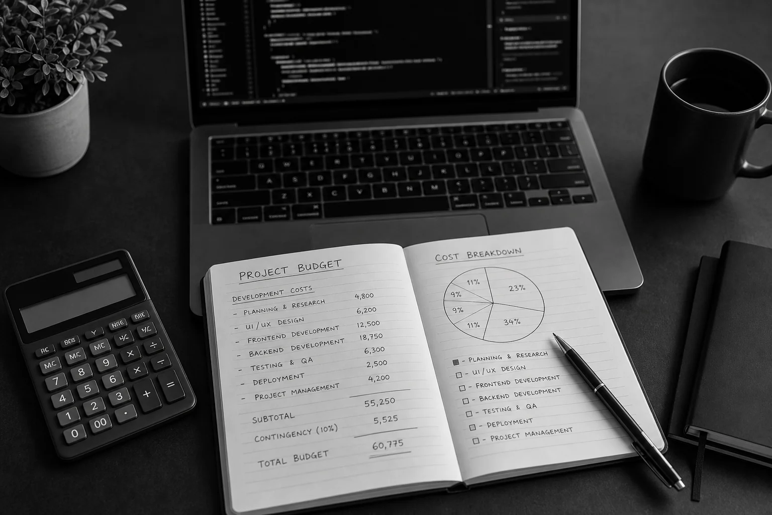 Visual representation of cost planning and budgeting for a web development migration project. photorealistic photo of a developer's desk with a notebook showing handwritten budget calculations and a calculator, a laptop displaying code