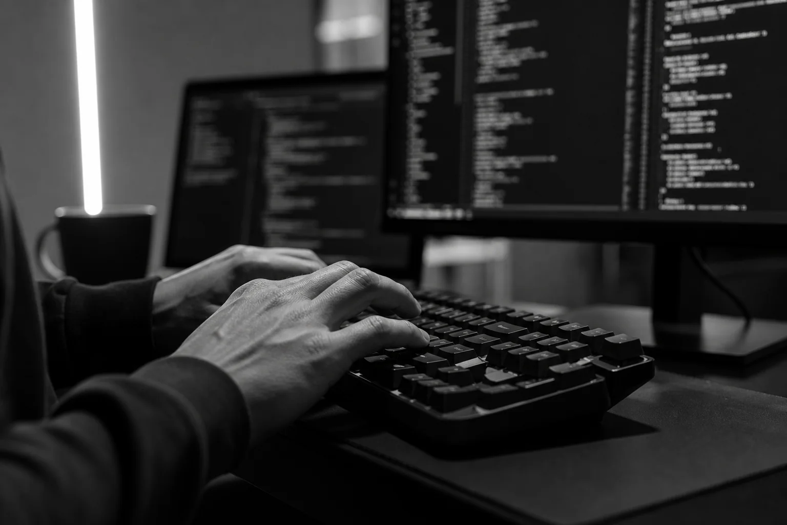 A developer coding a custom web application, representing the technical rebuild process from no-code to custom code. photorealistic photo of a software developer typing on a mechanical keyboard with multiple monitors showing React and