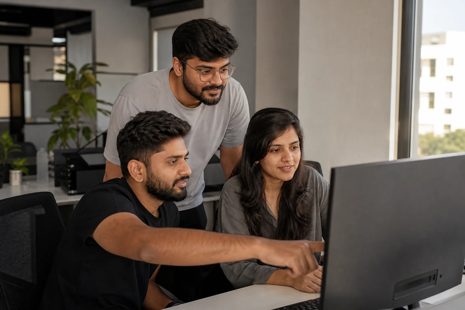 photorealistic: A small development team of three people in an Ahmedabad-style modern office collaborating around a shared monitor showing project management boards, black and white and grayscale tones with a single accent of natural skin