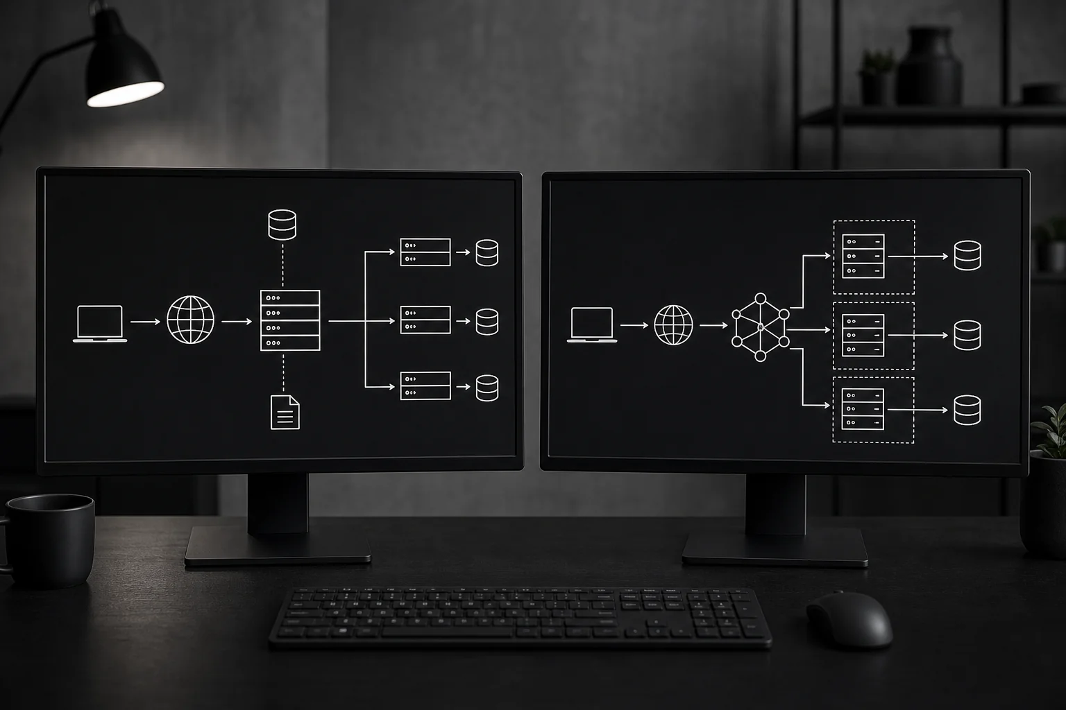 Two monitors side by side showing different backend architectures, representing a technical comparison. photorealistic: Two side-by-side computer monitors on a dark desk in a modern studio, each displaying abstract server architecture