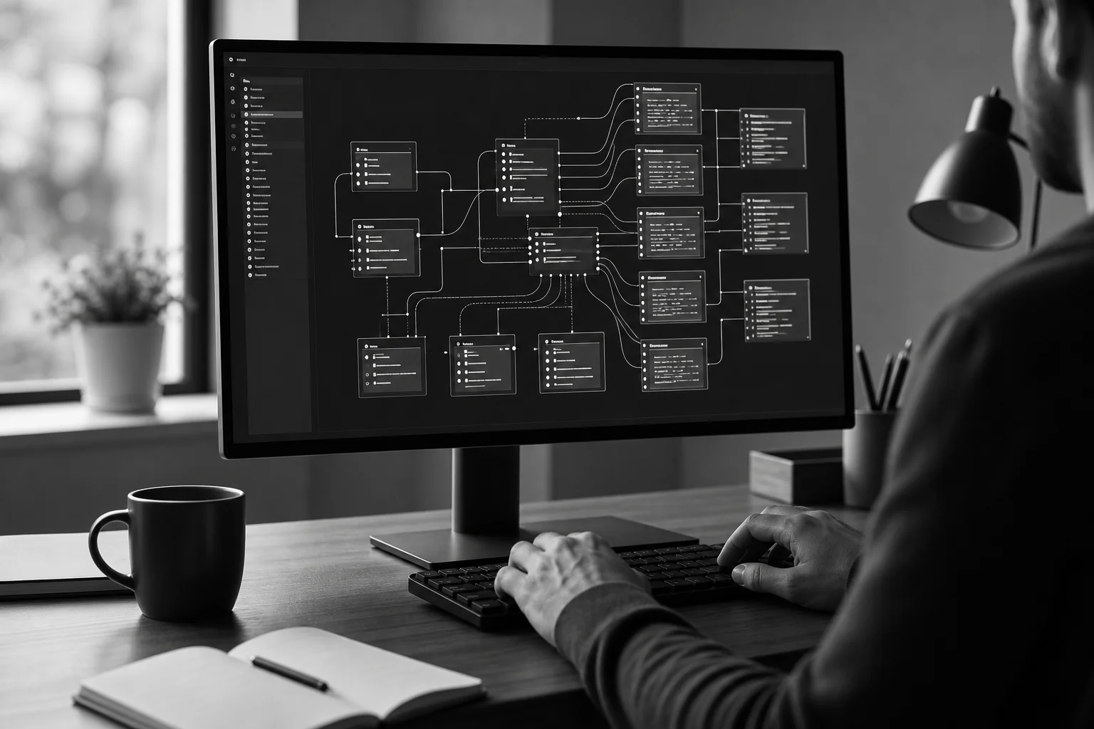 Photorealistic photo of a software developer's desk with a large monitor showing interconnected system diagrams and API connection nodes, styled in black and white with subtle contrast. Clean modern workspace, keyboard and coffee cup