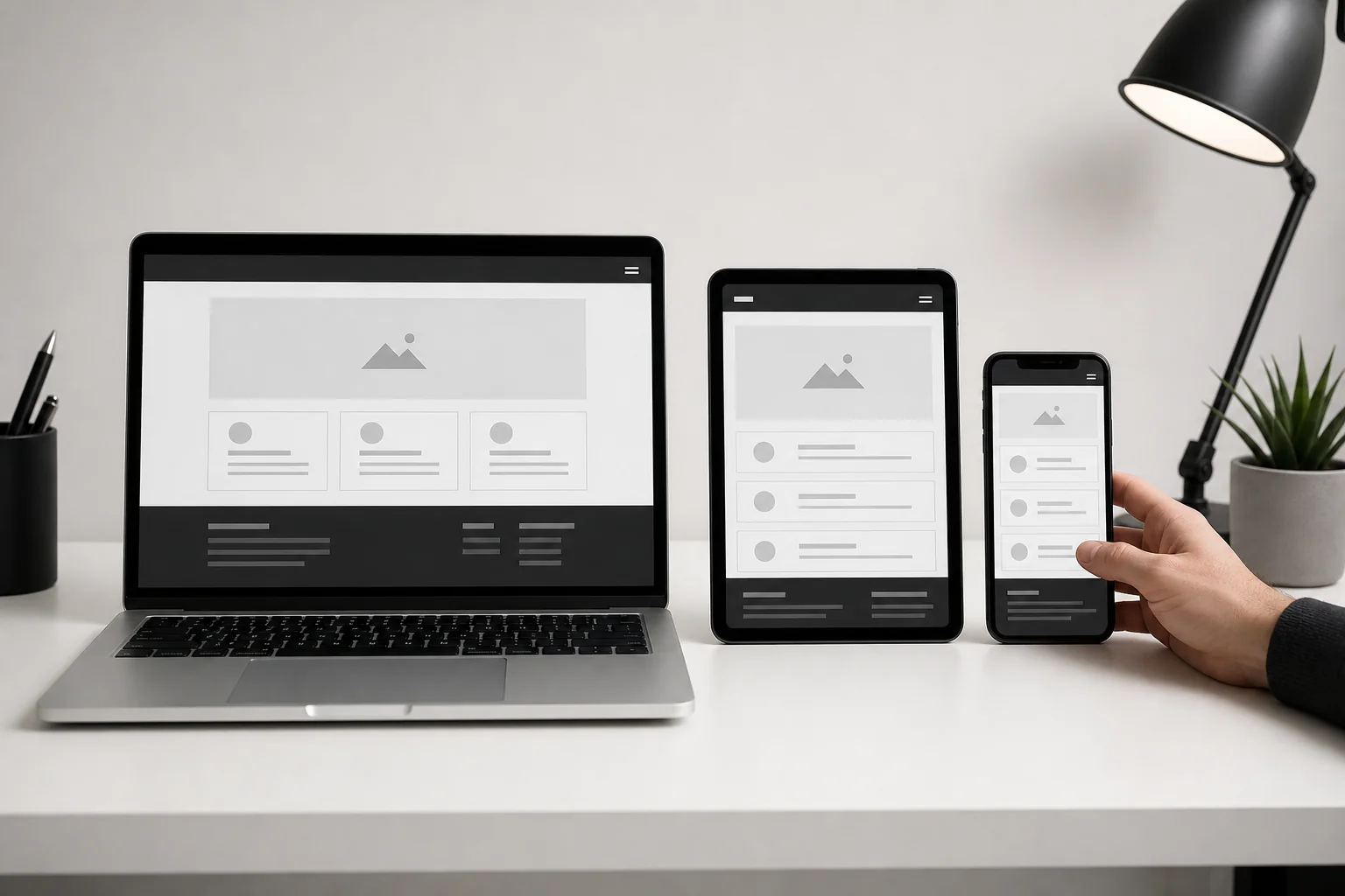 Multiple devices - laptop, tablet, phone - lined up showing a web app for cross-device testing. photorealistic: A laptop, tablet, and smartphone lined up side by side on a clean desk, each screen showing a different responsive layout of the