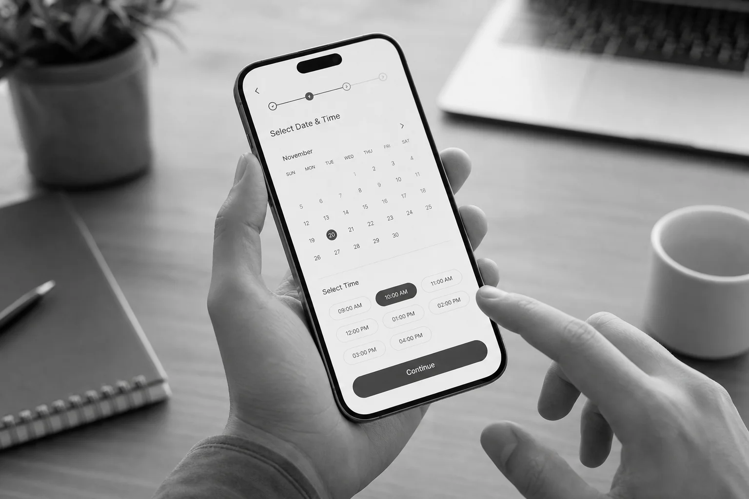 photorealistic: A person's hand holding a smartphone testing a booking app interface, tapping through an appointment scheduling screen, office desk background slightly blurred, black and white photography, natural daylight, crisp focus on