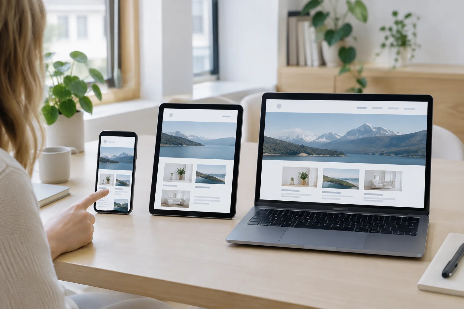 Same website shown on a phone, tablet and laptop side by side on a desk to check responsive layouts
