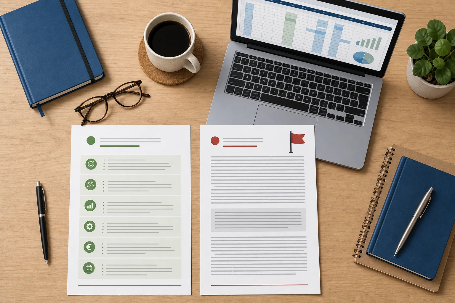 Business professional comparing two API integration project proposals side by side on a desk