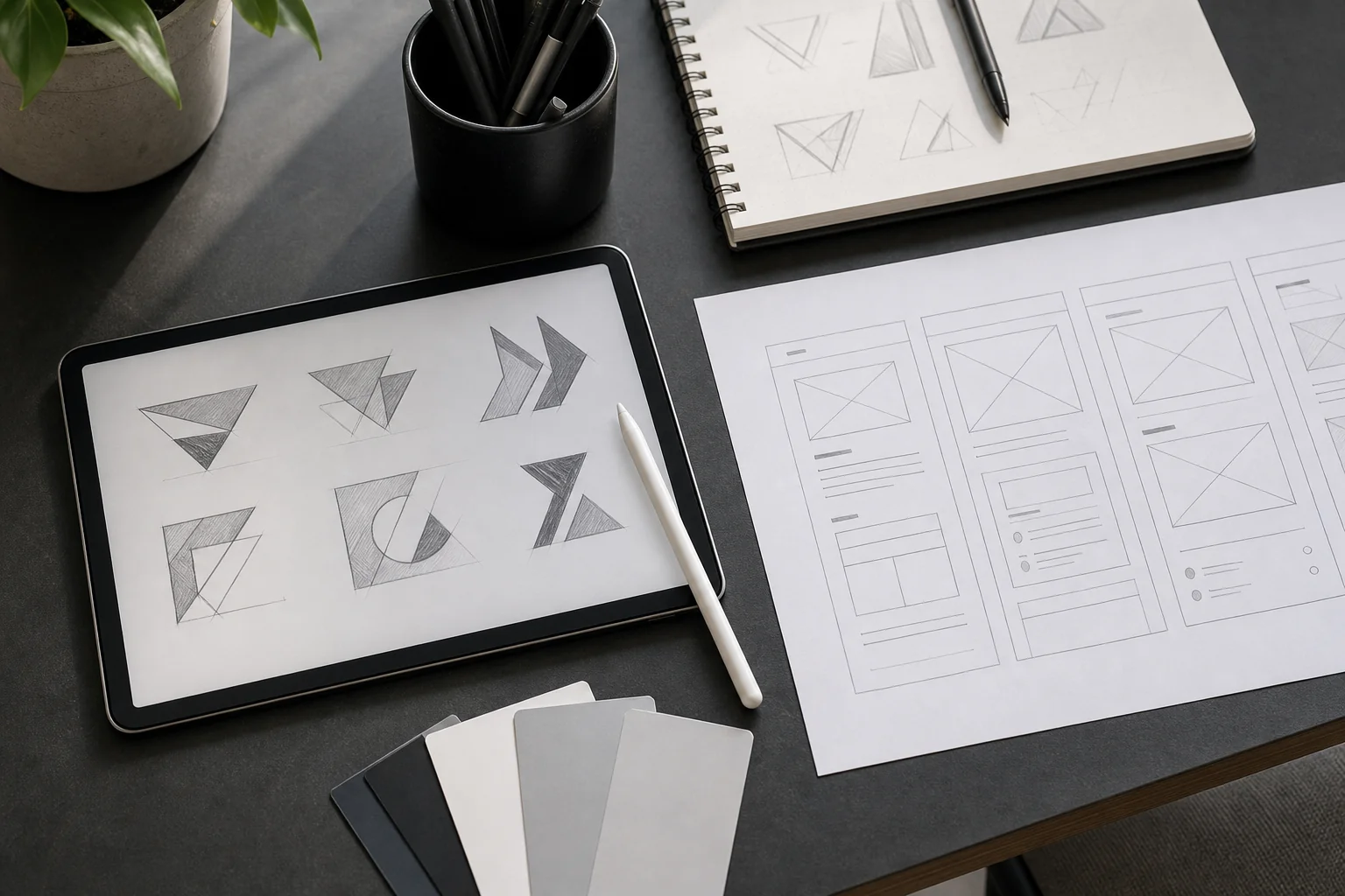 Photorealistic photo of a designer's desk from a top-down angle, showing a tablet with a stylus displaying abstract logo sketches next to a printed sheet of wireframe layouts and a small stack of color swatch cards in black, white, and grey