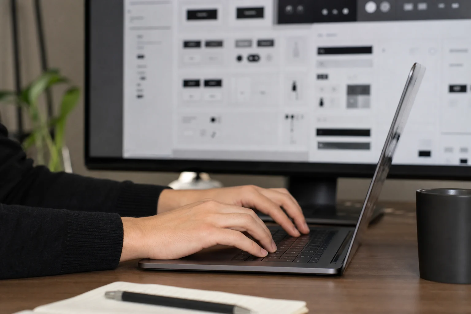 Photorealistic photo of a designer's hands typing on a laptop keyboard with a large external monitor in the background showing an abstract grid of interface components, buttons, and typography samples in black, white, and grey tones