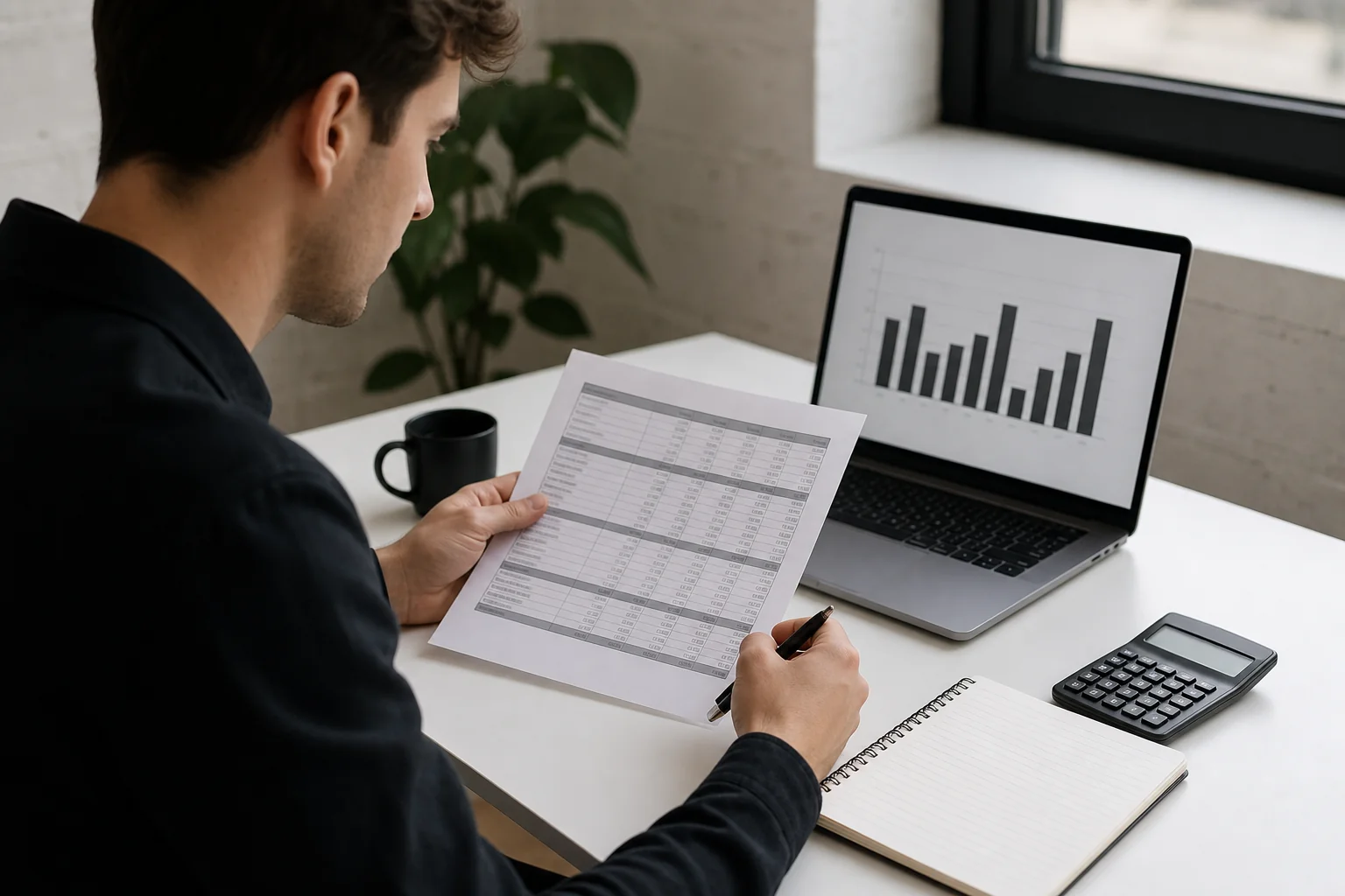 Photorealistic photo of a founder sitting at a minimalist desk reviewing a printed budget spreadsheet and a laptop showing a simple bar chart in black and white tones, calculator and notebook nearby, natural daylight through a window, clean
