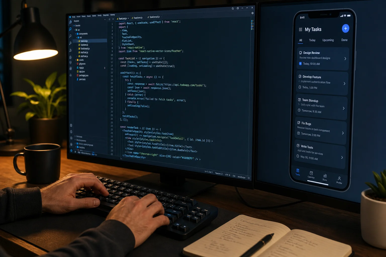 Developer reviewing clean React code on a monitor alongside a polished mobile app UI, representing quality benchmarks in app development