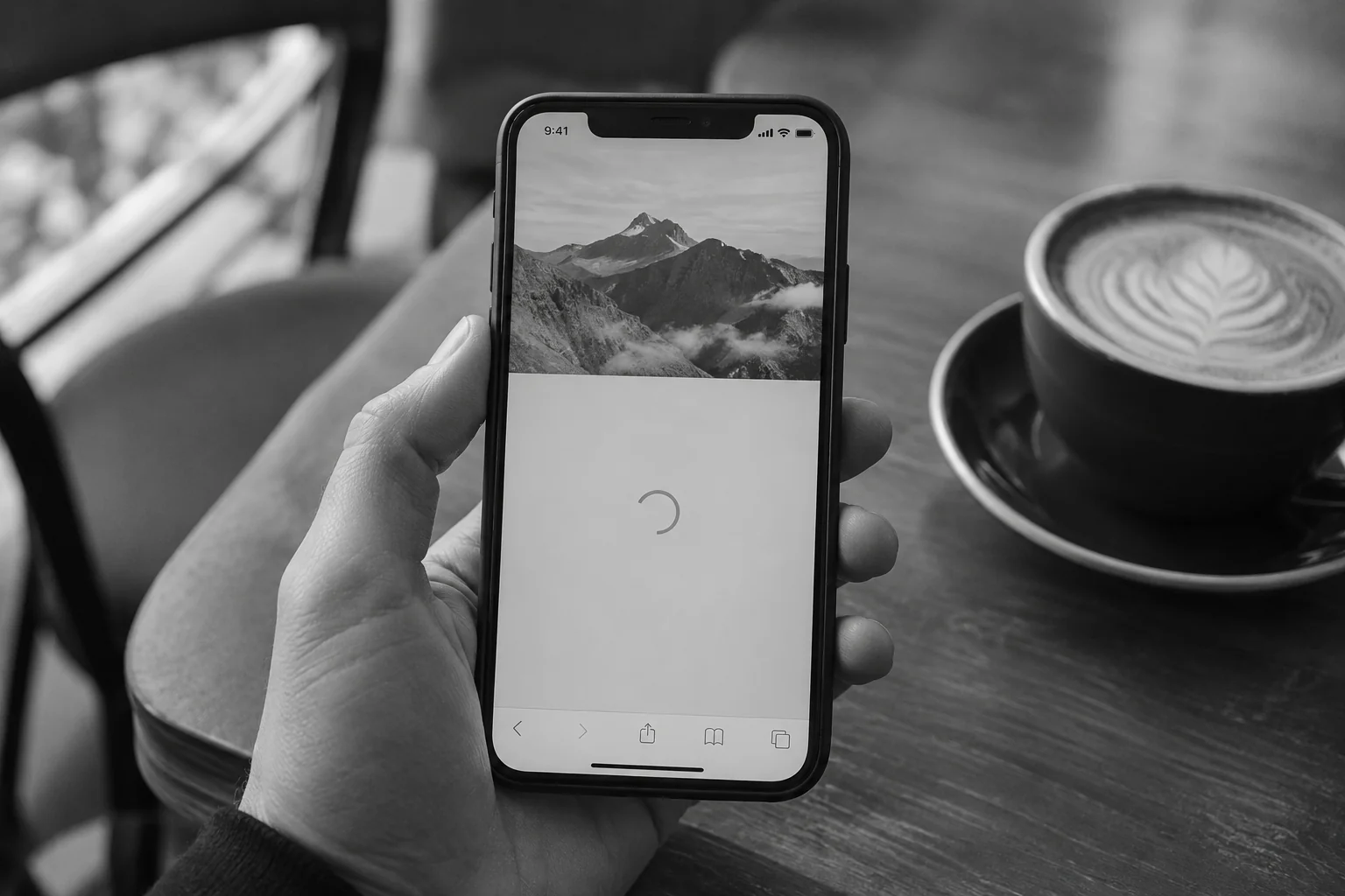 Close-up of a hand holding a smartphone showing a webpage loading slowly, outdoors or cafe setting. photorealistic: Close-up shot of a person's hand holding a smartphone displaying a half-loaded website page, sitting in a cafe, monochrome
