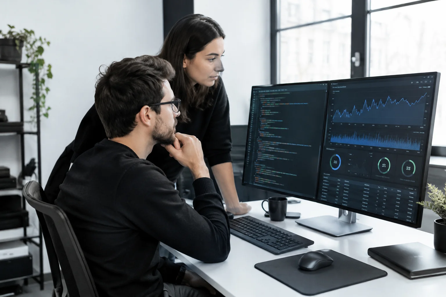 Two developers reviewing code and website architecture diagrams on a large monitor. photorealistic: Two developers in a modern dev studio reviewing website performance charts and code on a large monitor, focused expressions, black and white