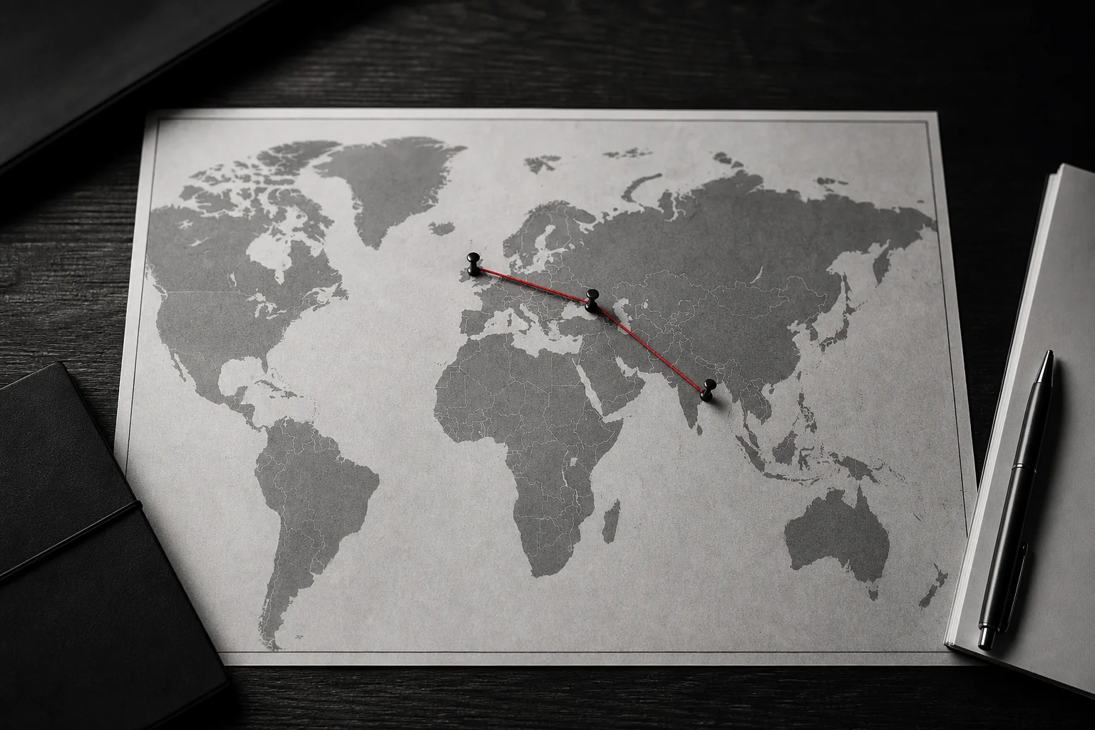 World map style visual showing distance and time zones between Netherlands, Eastern Europe, and India. photorealistic photo of a physical world map with pins and string connecting the Netherlands to Eastern Europe and to India, placed on a