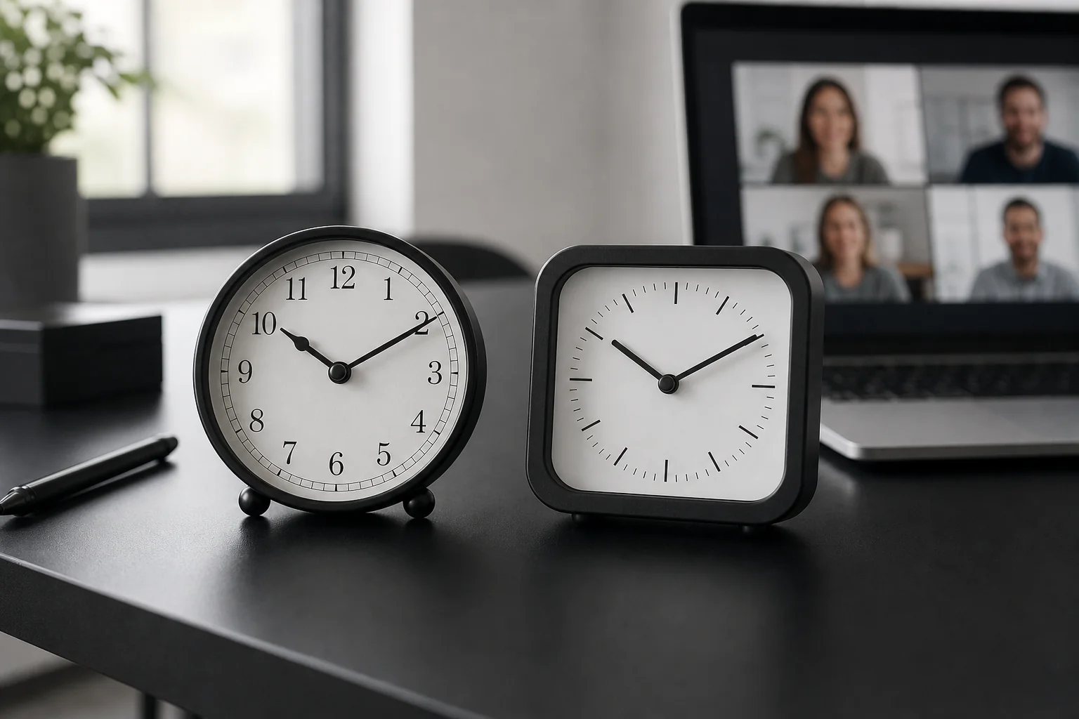 photorealistic photo of two analog desk clocks placed side by side on a minimalist black desk, one clock face and one modern laptop showing a video call in the background, natural window light, black and white with subtle contrast