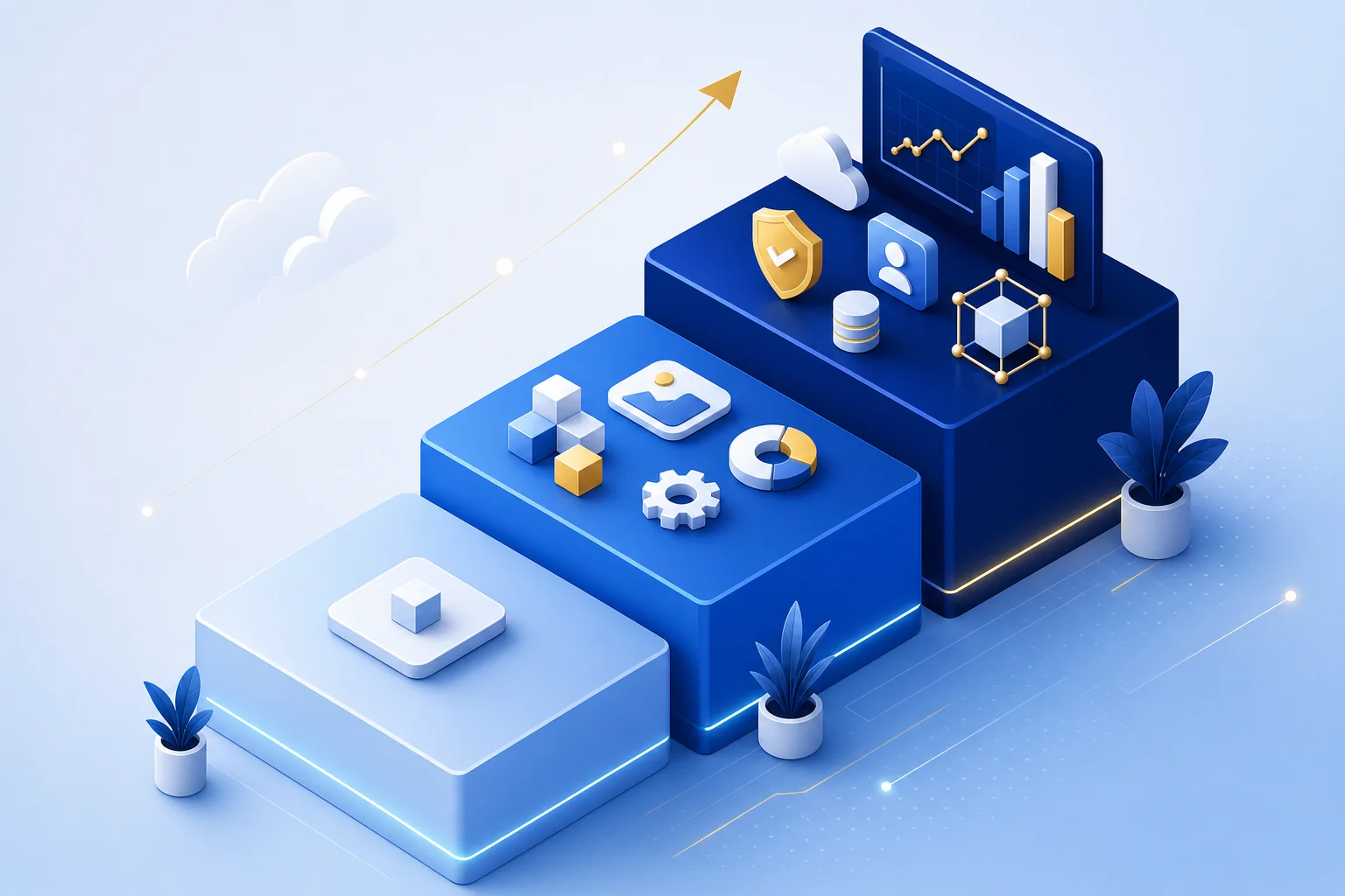 Isometric illustration of a three-stage product development staircase showing phased feature rollout from MVP to full product