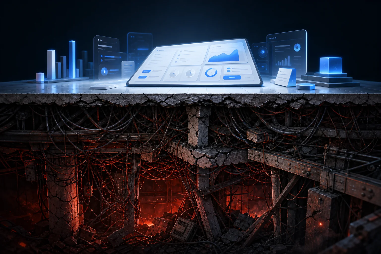 Visual metaphor showing a polished digital product surface concealing cracked and unstable technical foundations beneath, representing technical debt