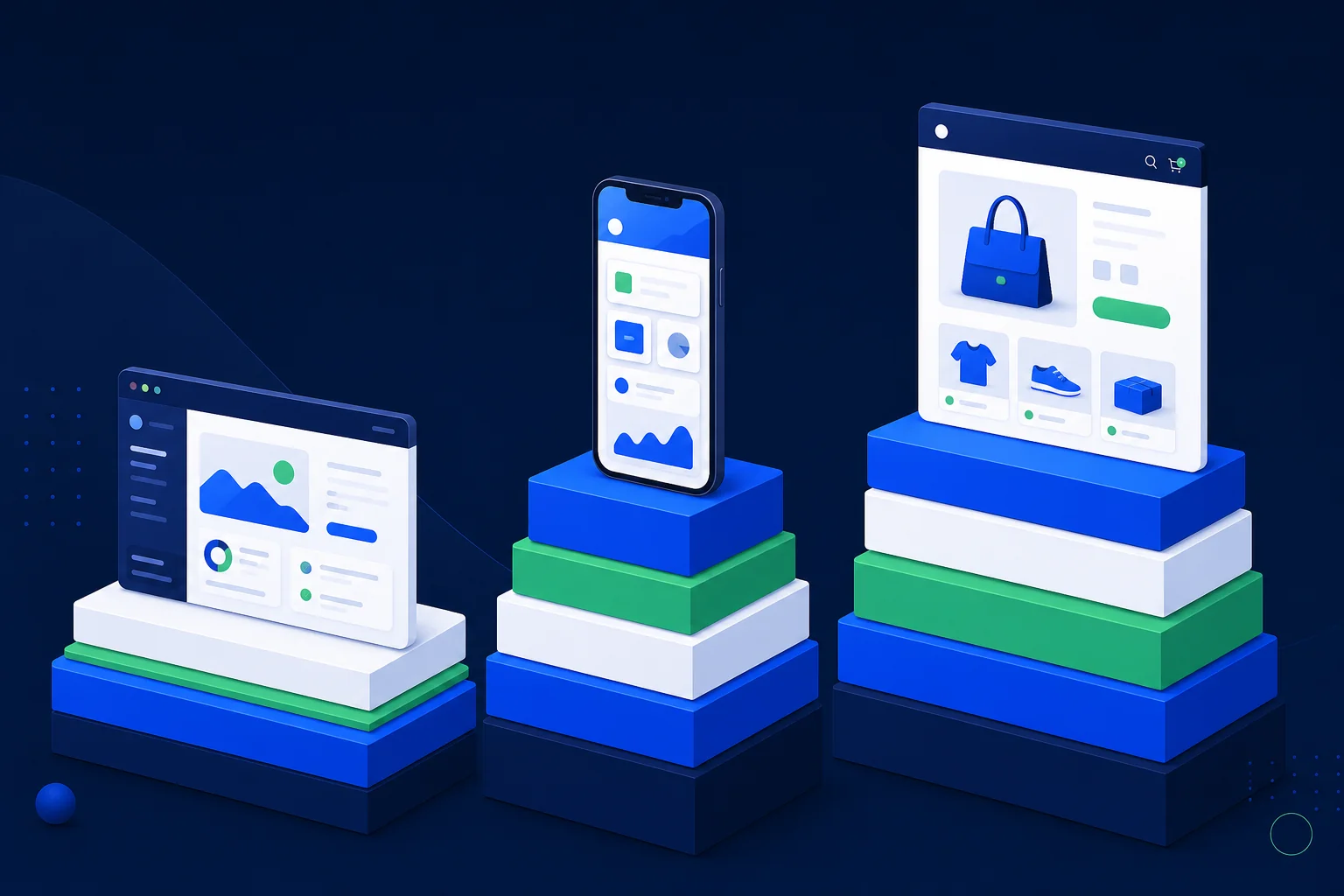 Abstract illustration showing different MVP product types, web app, mobile app, e-commerce, represented as tiered budget structures