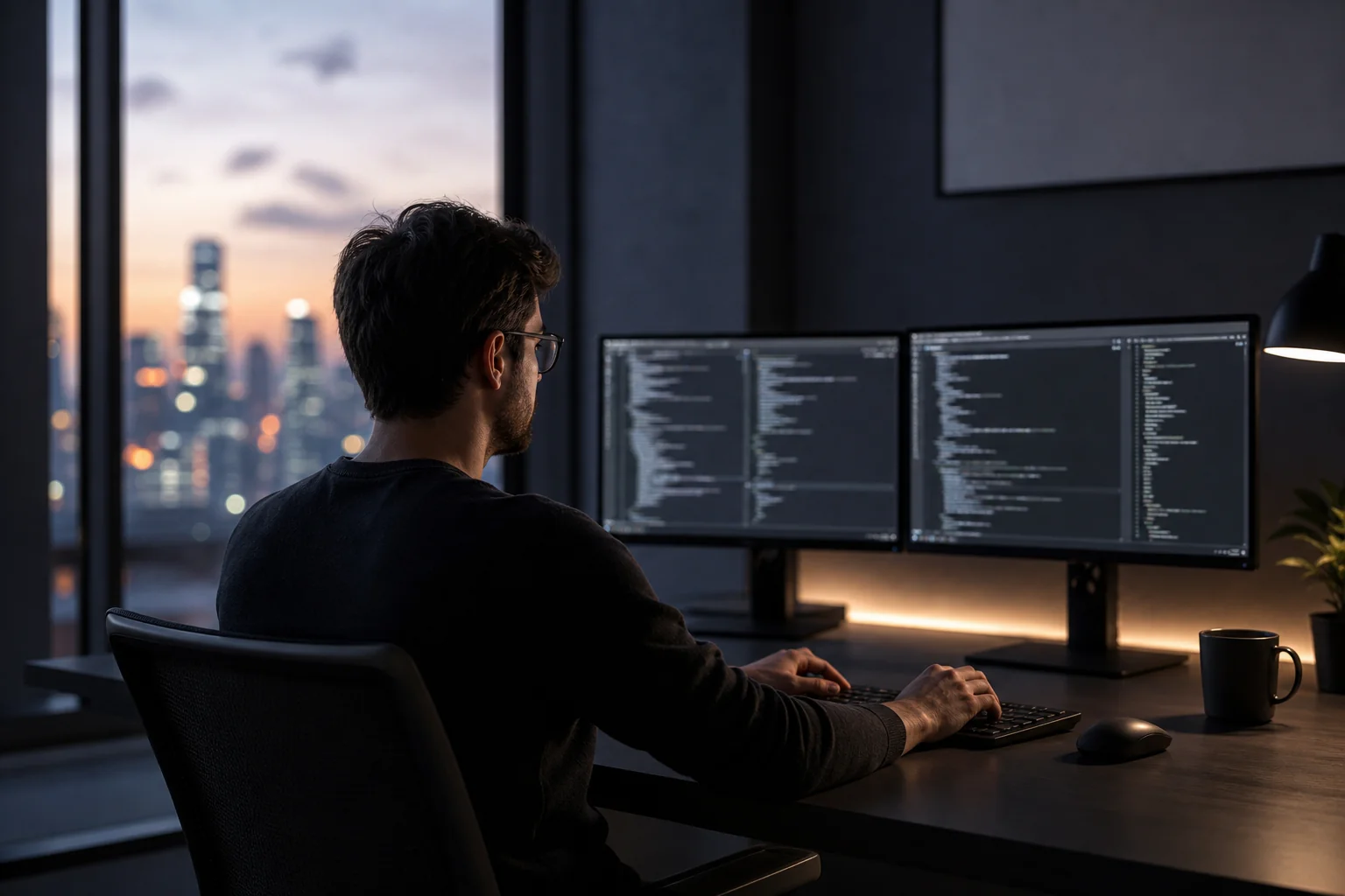 photorealistic: A software developer sitting at a dual-monitor desk setup in a dark, modern office, screens displaying abstract blurred lines of code in black background with white and grey text, city skyline visible through a window at