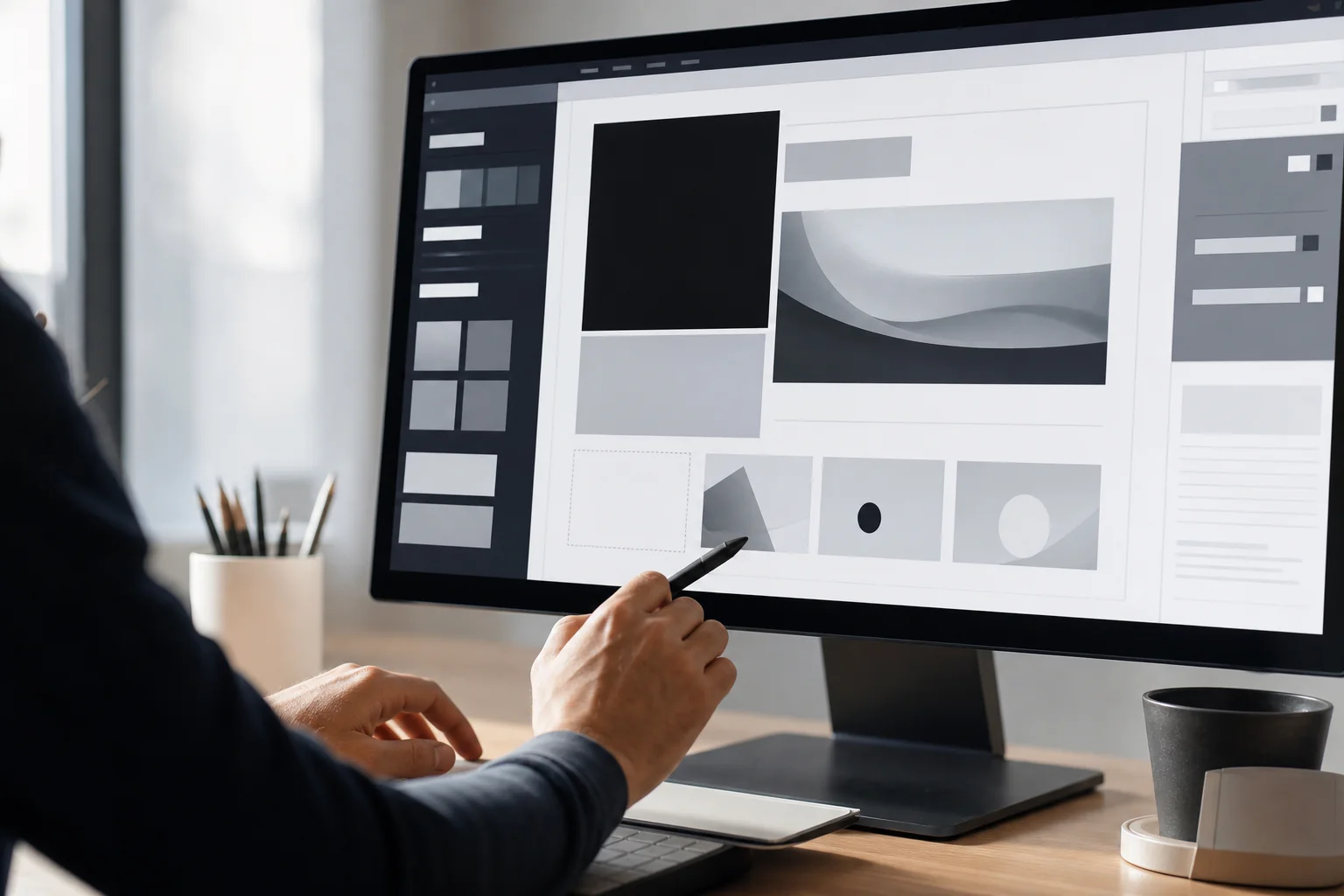 A designer working with visual design tools on a large monitor, representing visual/no-code web design work. photorealistic: Close-up shot of a designer's hands working on a large monitor displaying a visual website builder interface with