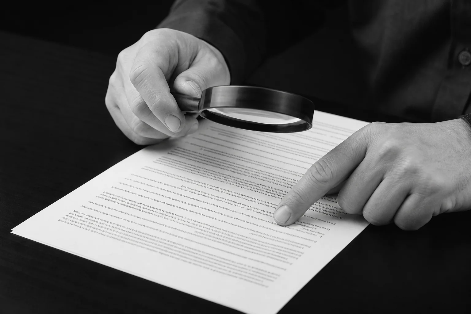 Close-up of a contract document being reviewed with a magnifying glass, symbolizing careful vetting of a software vendor. Photorealistic close-up photo of hands reviewing a printed contract document with a magnifying glass on a black desk