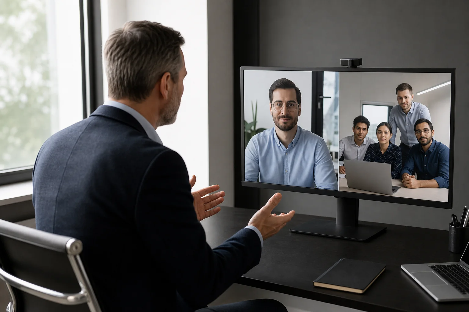A remote video call between a UK client and an overseas development team showing timezone collaboration. Photorealistic photo of a split-scene style video call on a large monitor showing a UK business person on one side and a remote