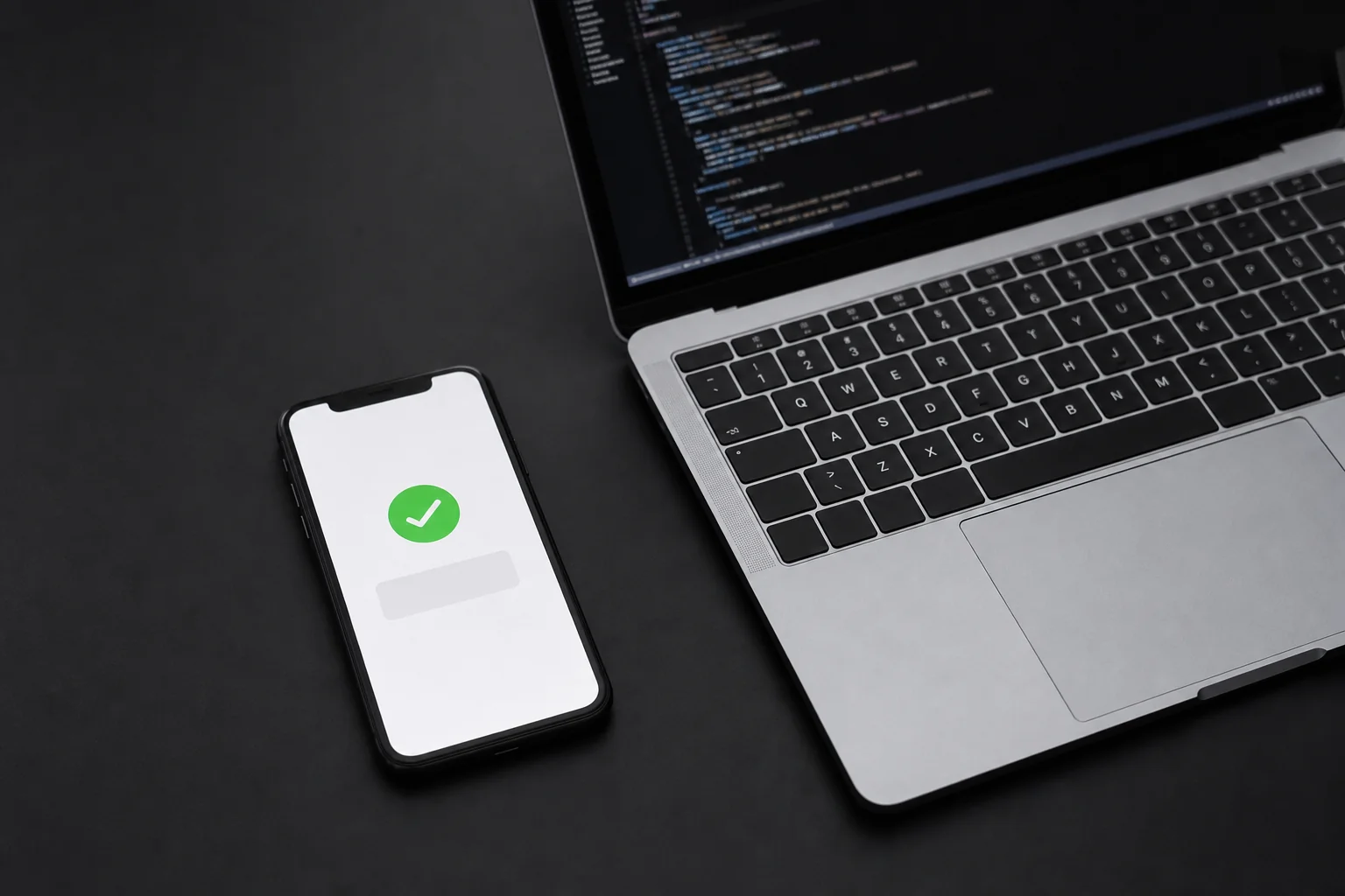 Close-up of a mobile phone showing a payment confirmation screen next to a laptop showing code. photorealistic photo of a smartphone displaying a simple payment success confirmation screen resting next to an open laptop with lines of code