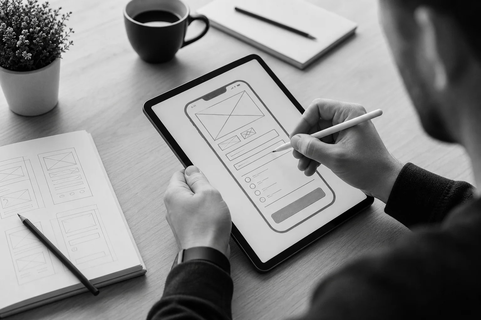 UX designer sketching a mobile checkout flow wireframe on a tablet. photorealistic photo of a UI/UX designer sketching a mobile app checkout wireframe with a stylus on a tablet, wireframe boxes visible showing form fields and a pay button
