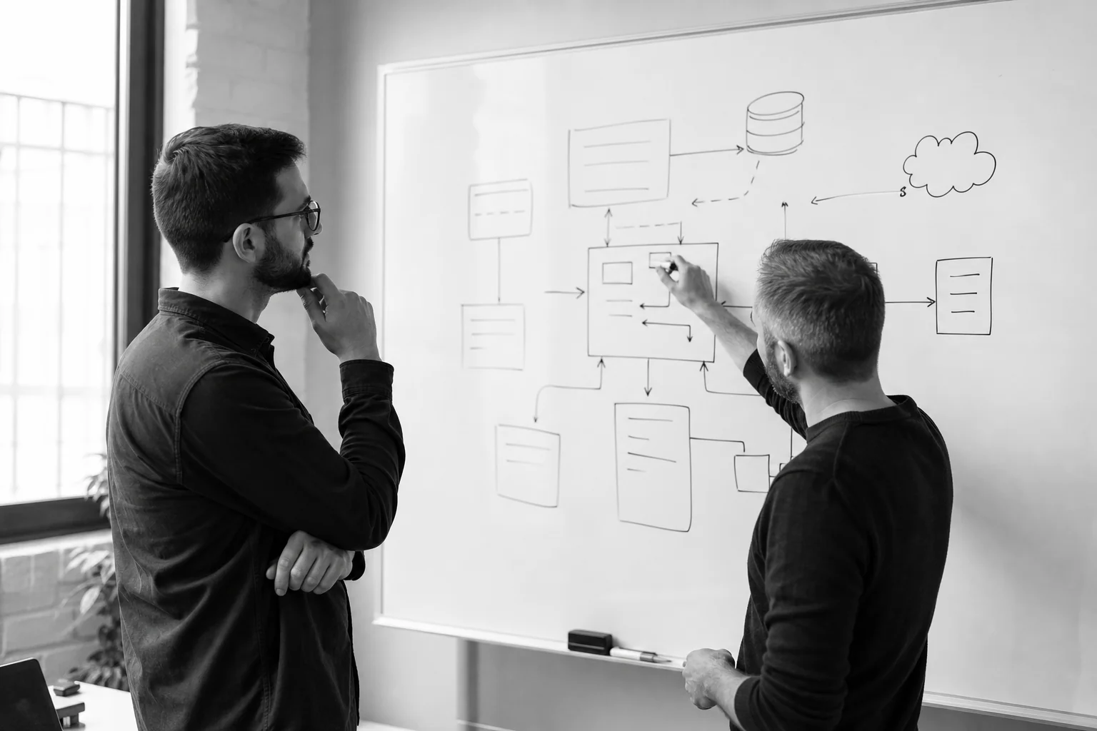 Two developers reviewing API documentation and architecture diagram on a whiteboard. photorealistic photo of two software developers in a modern office reviewing a whiteboard covered with a system architecture diagram and API flow arrows